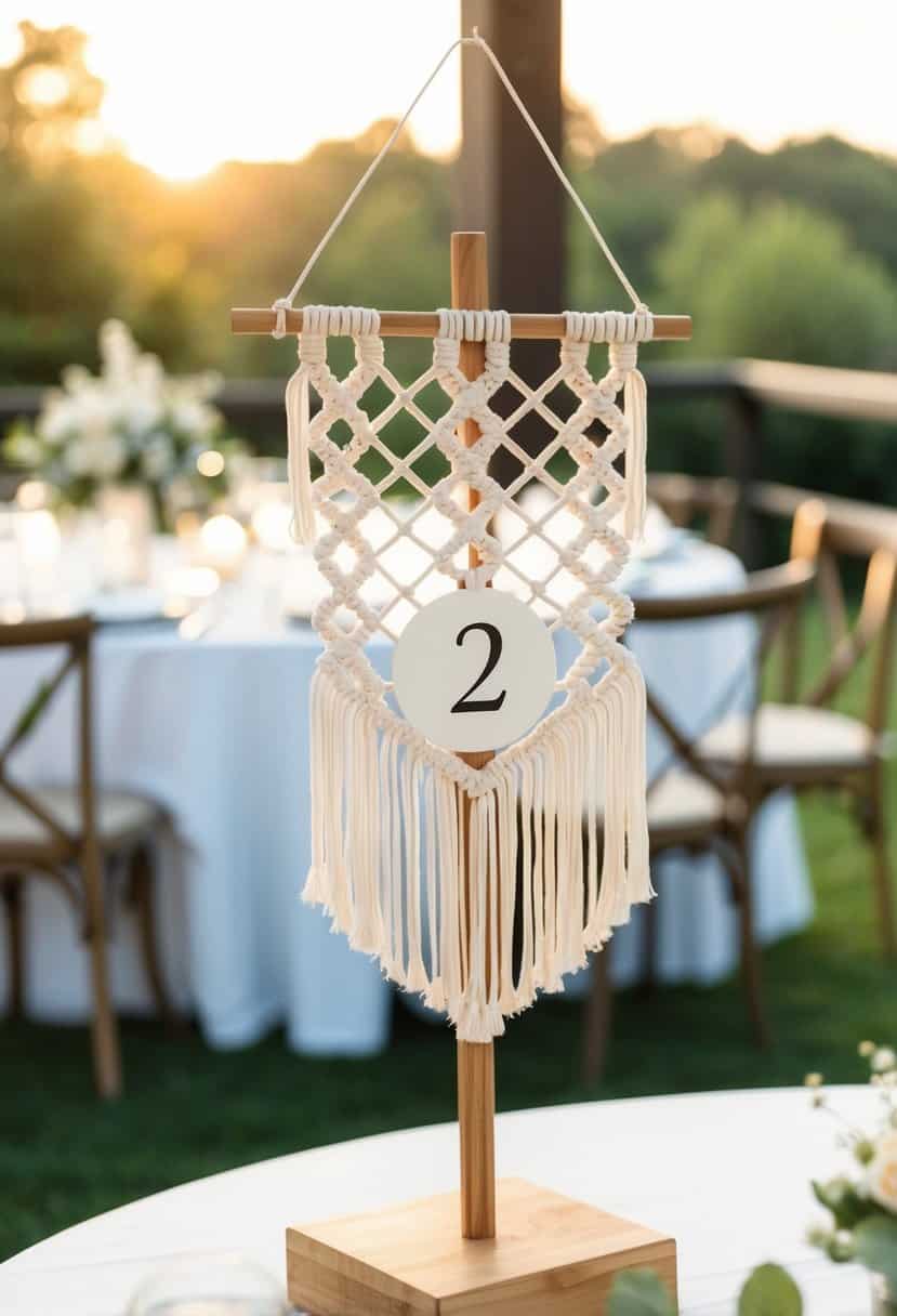 A simple, elegant macrame table number hanging from a wooden stand on a wedding reception table