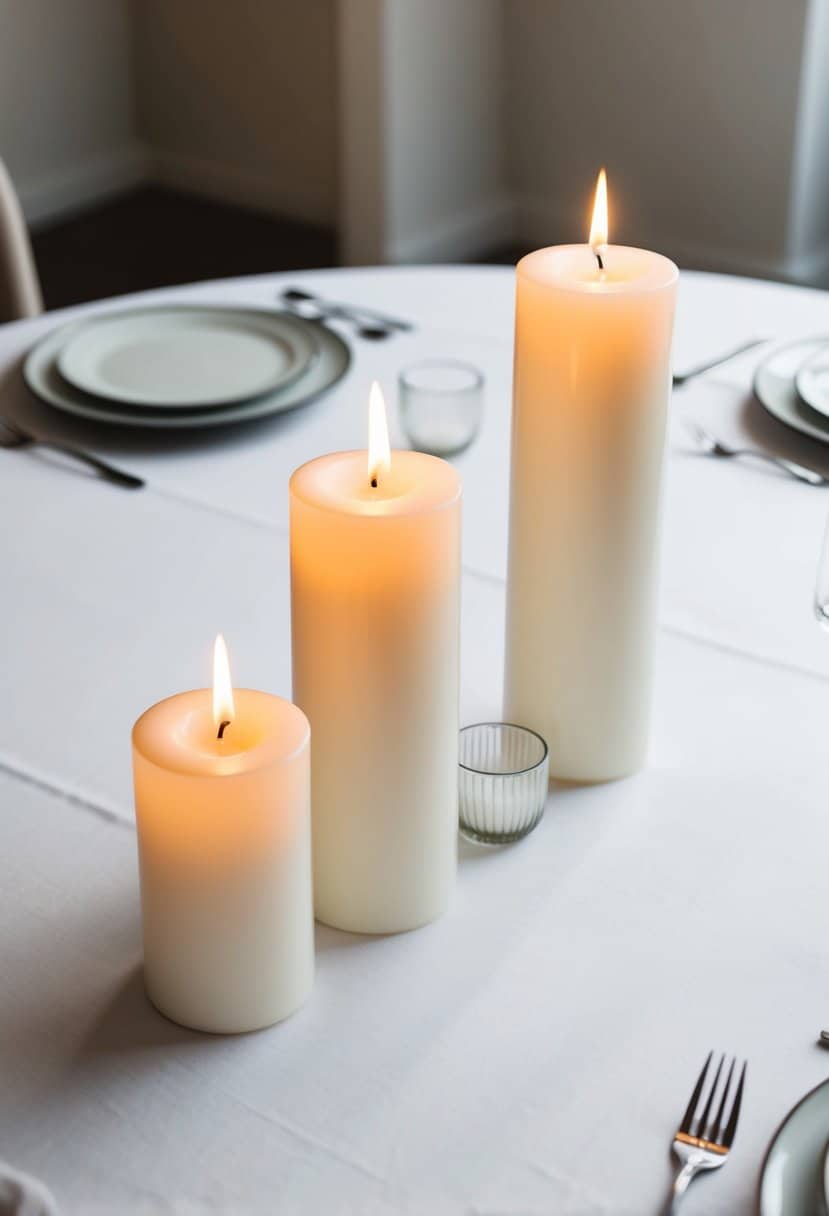 A white table with three pillar candles in a minimalist wedding setting