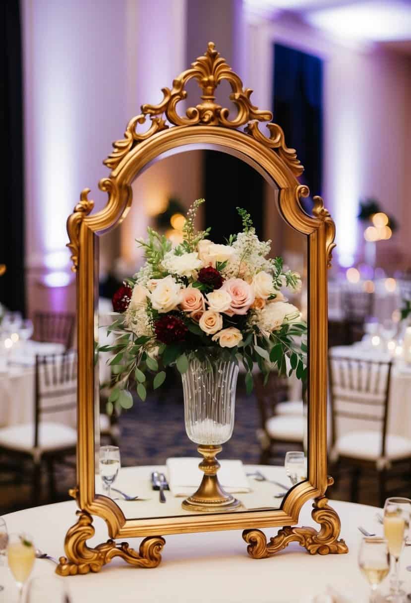 An ornate table mirror reflects elegant floral centerpiece at a wedding reception
