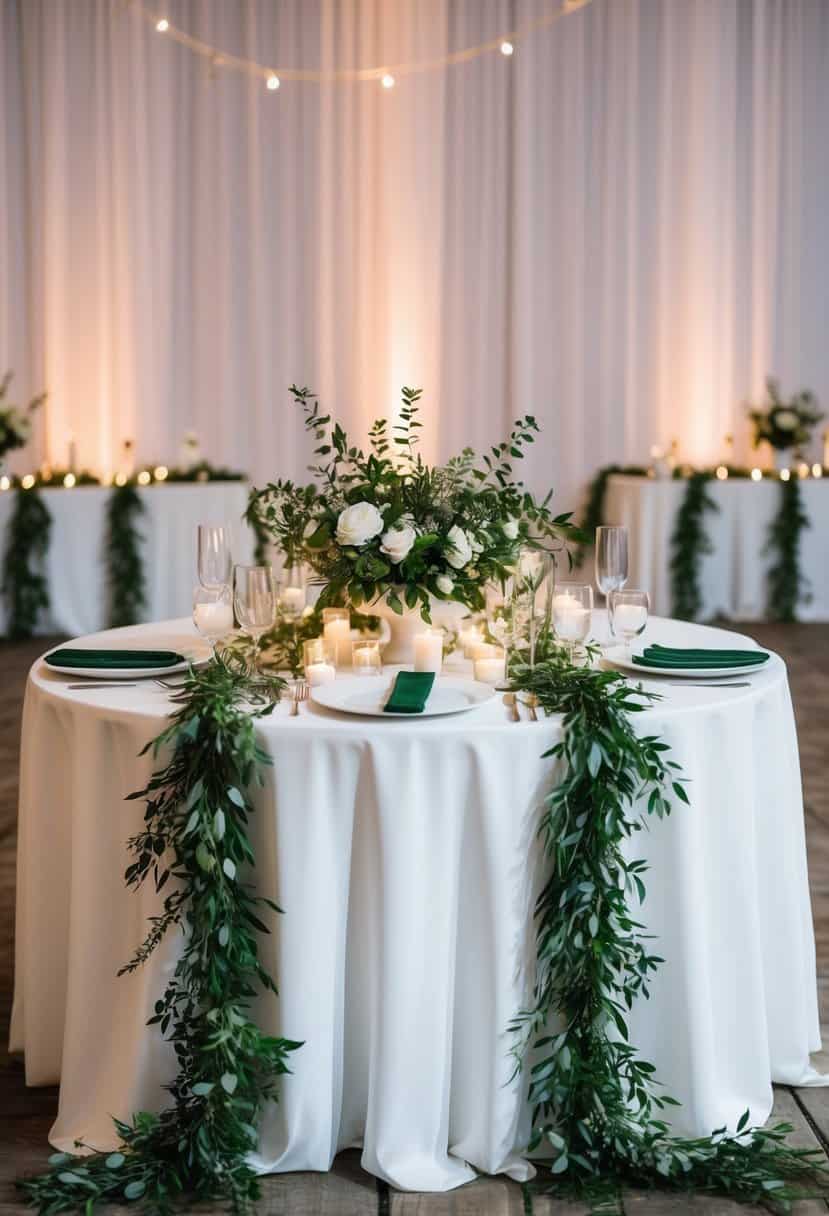 A white table adorned with greenery garlands and minimalist decor for a wedding reception