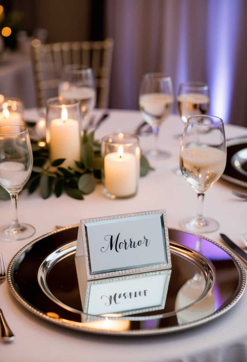 A table set with elegant, personalized mirror place cards reflecting the soft glow of candlelight at a wedding reception