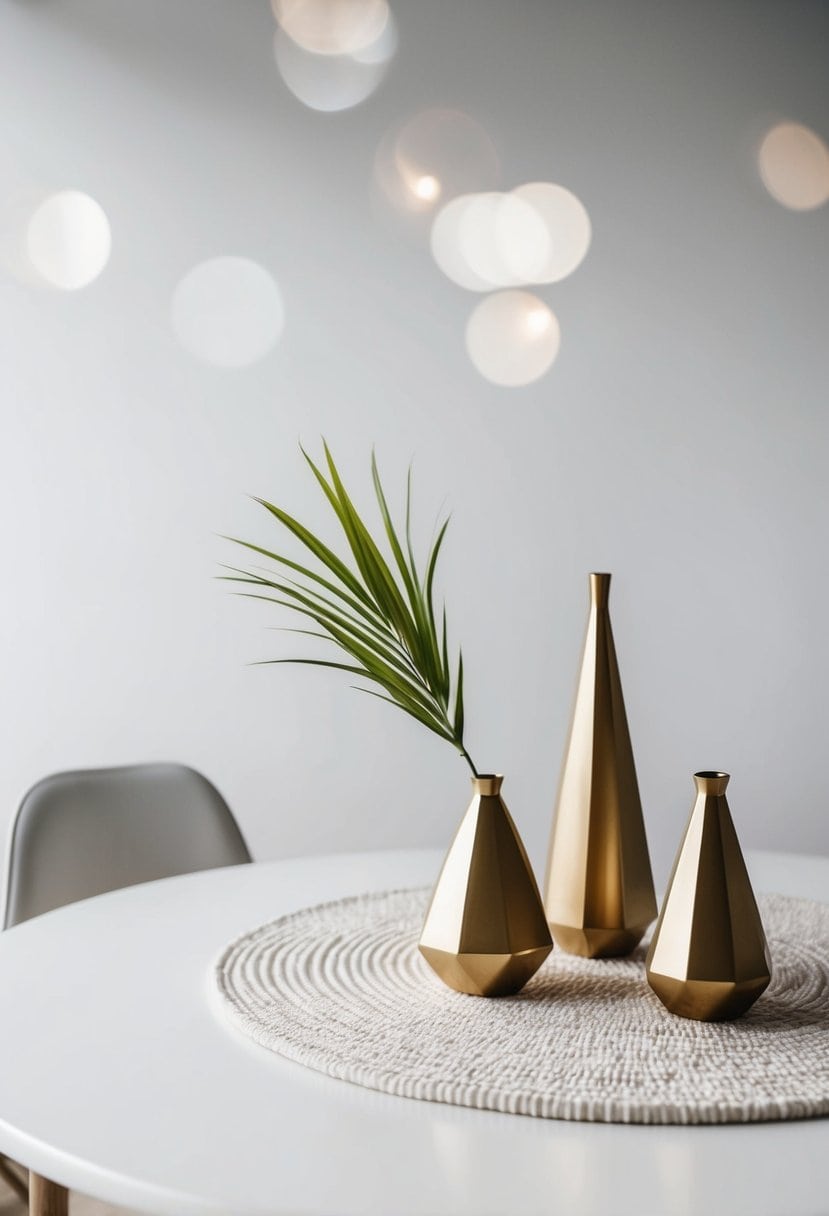 A white table with gold geometric vases and minimal decor