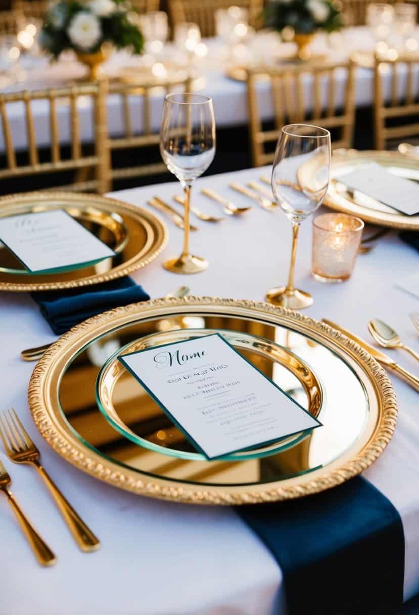 A table set with gold-framed mirror chargers as wedding decorations