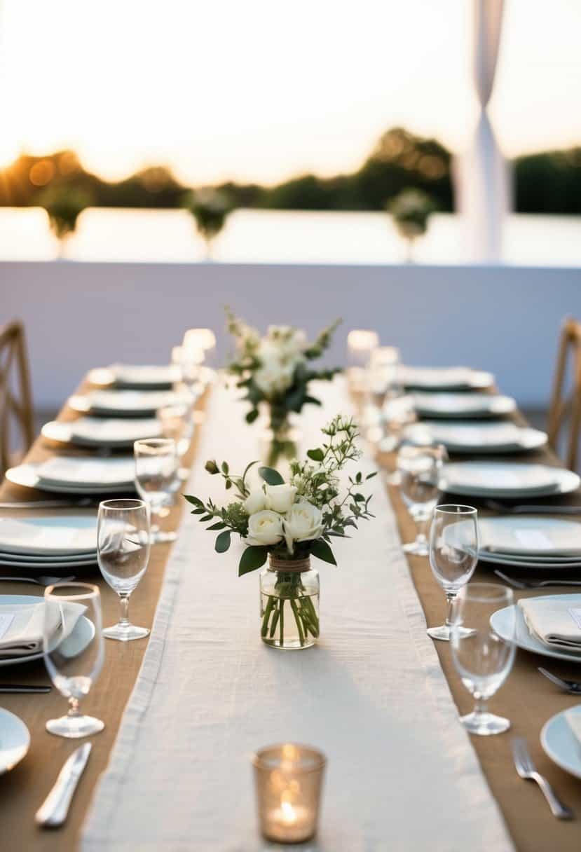 A simple, elegant table set with linen runners and minimal decor for a wedding