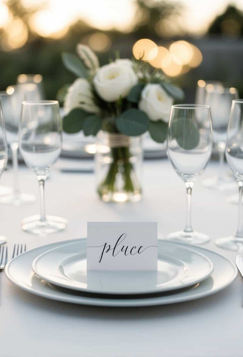 A simple, elegant table set with clean, modern calligraphy place cards for a minimalist wedding
