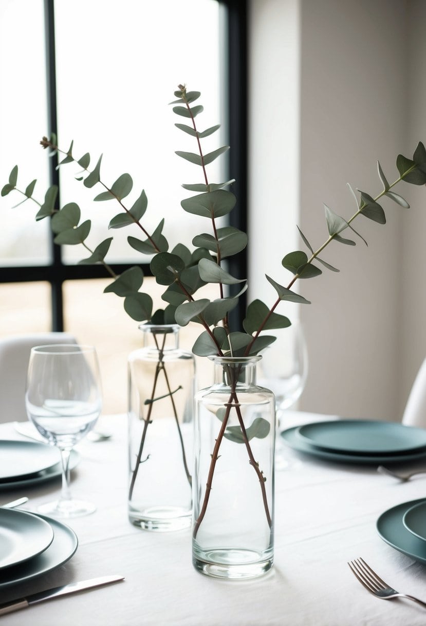 A simple table setting with eucalyptus sprigs in clear glass vases