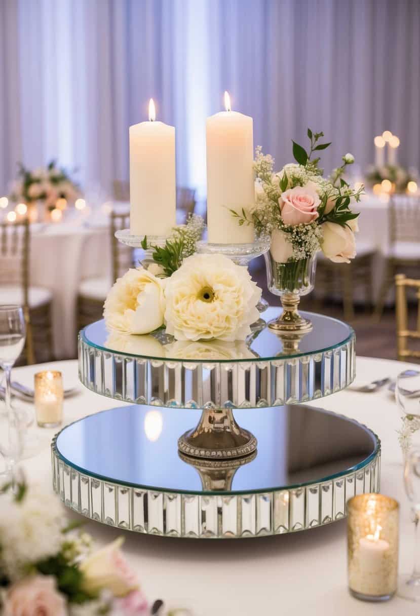 A beveled mirror cake stand adorned with delicate flowers and candles, serving as a stunning centerpiece for a wedding reception table