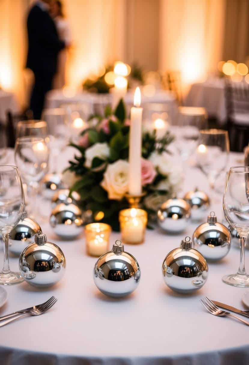 Miniature mirror ornaments arranged on a wedding table, reflecting the surrounding floral centerpieces and candlelight