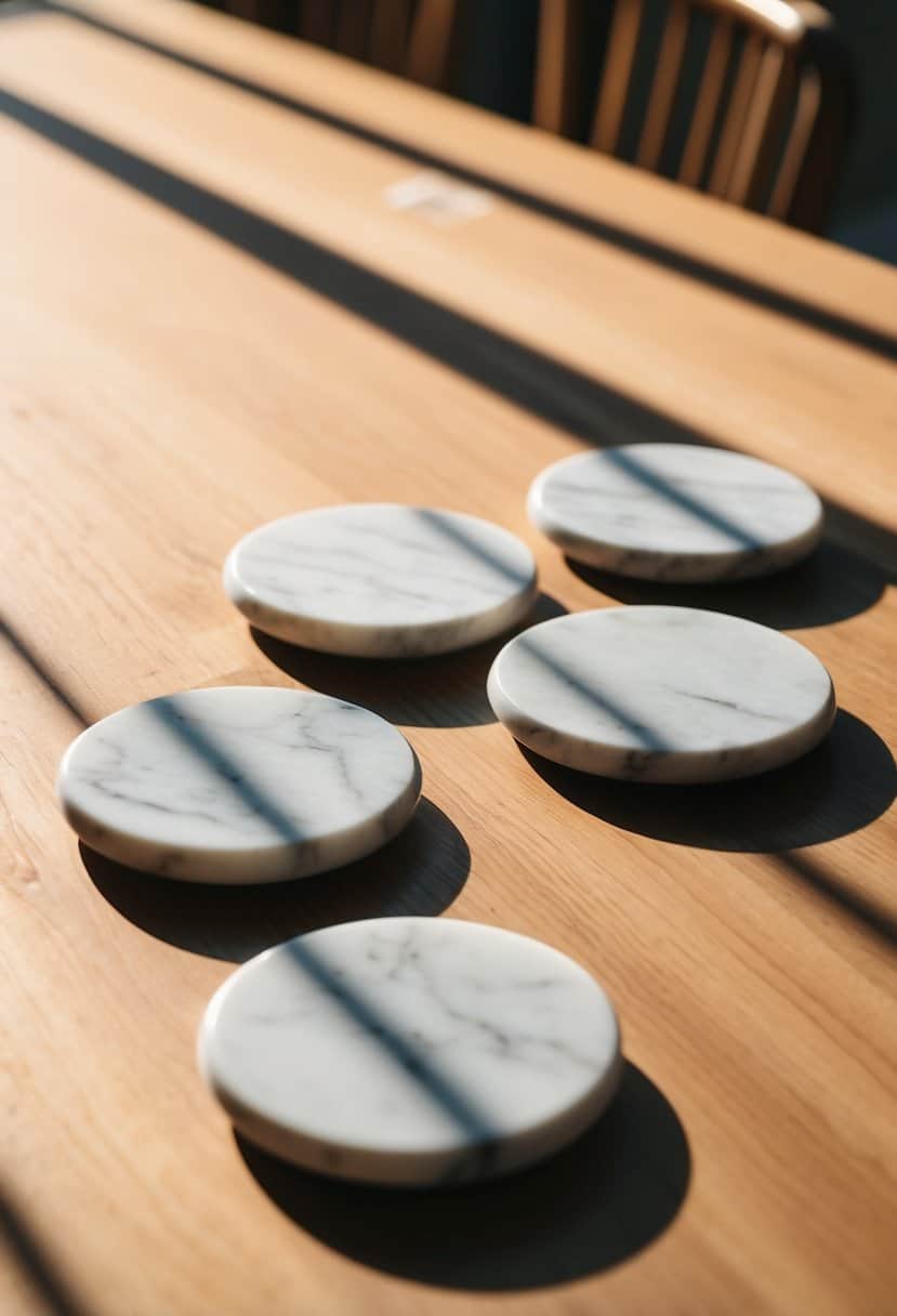 Four marble coasters arranged in a neat line on a wooden table, casting soft shadows in the warm sunlight