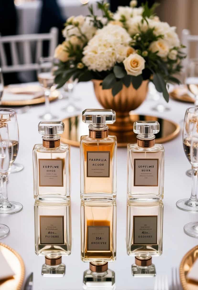 A table adorned with mirrored perfume bottles reflecting elegant wedding decor