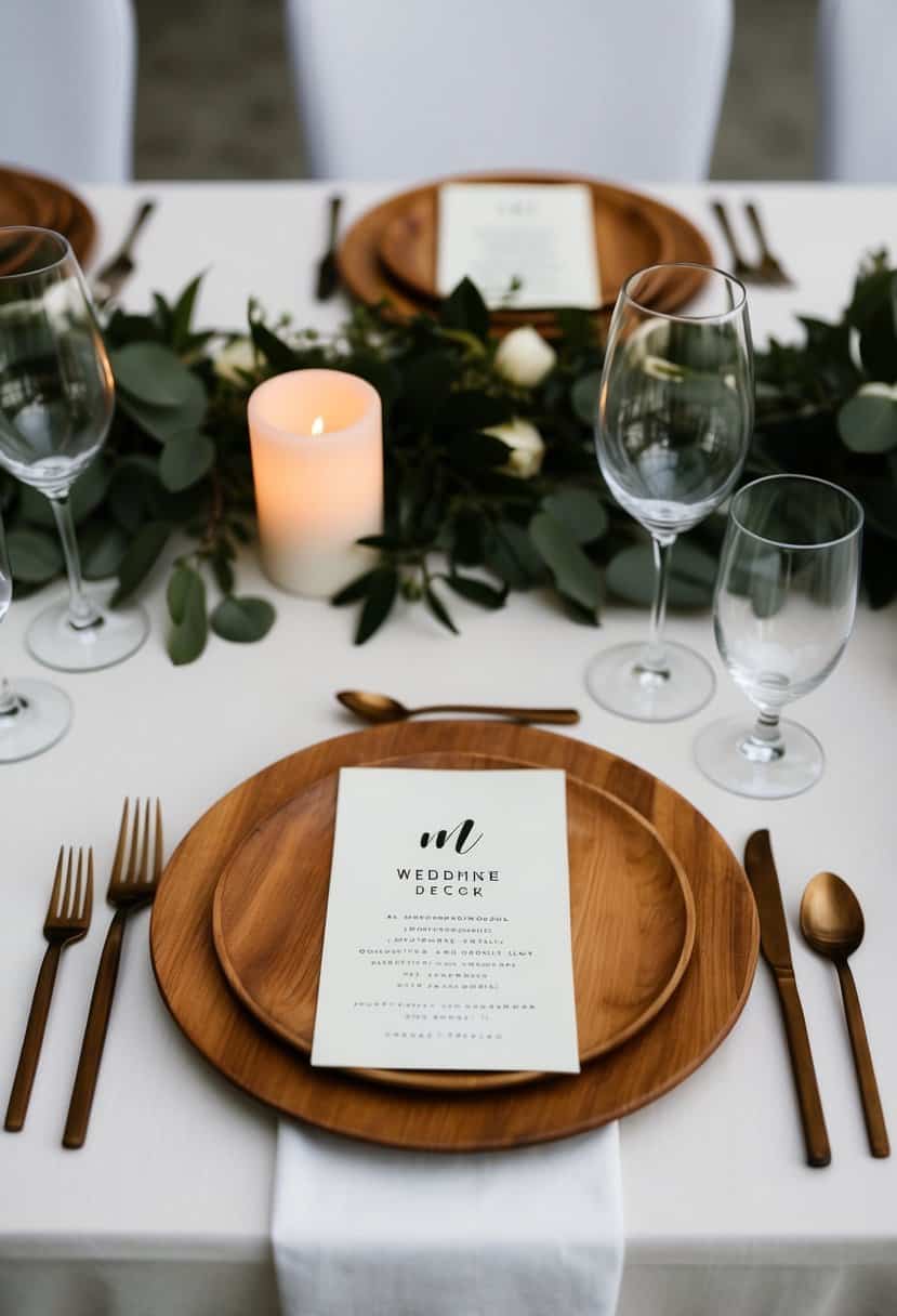 A table set with wooden charger plates and minimalist wedding decor