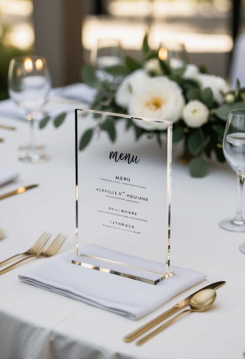 A sleek, clear acrylic menu card rests on a white linen tablecloth, surrounded by simple, modern table decor for a minimalist wedding