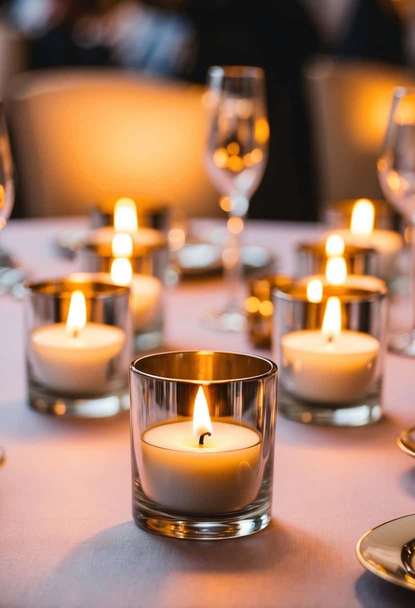 Votive candle holders with reflective surfaces arranged on a wedding table, casting a warm and romantic glow