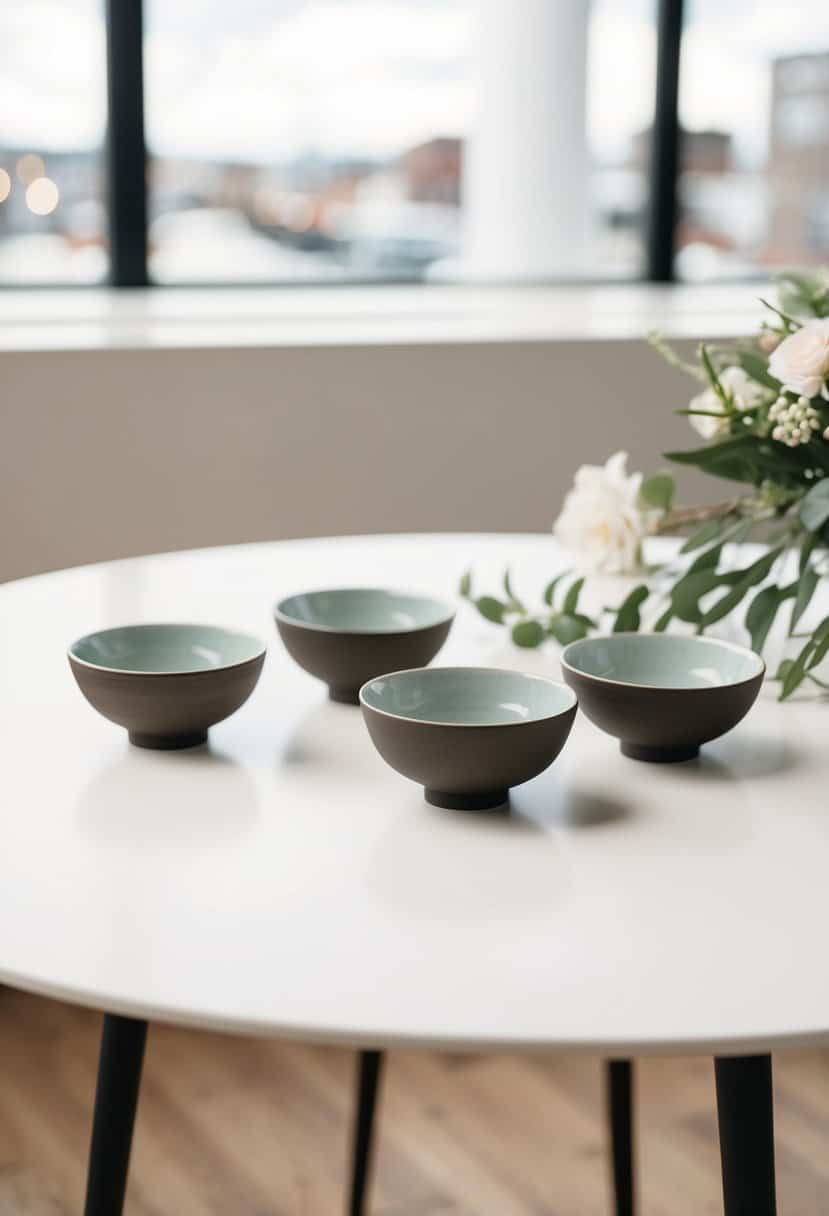 A white table with three simple ceramic bowls as minimalist wedding decorations