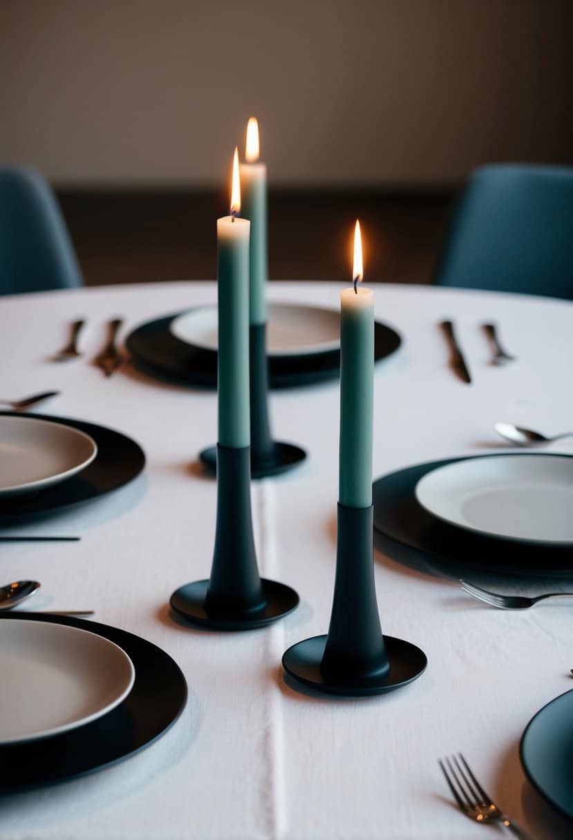 A simple, modern table setting with sleek, tapered candle holders as the centerpiece