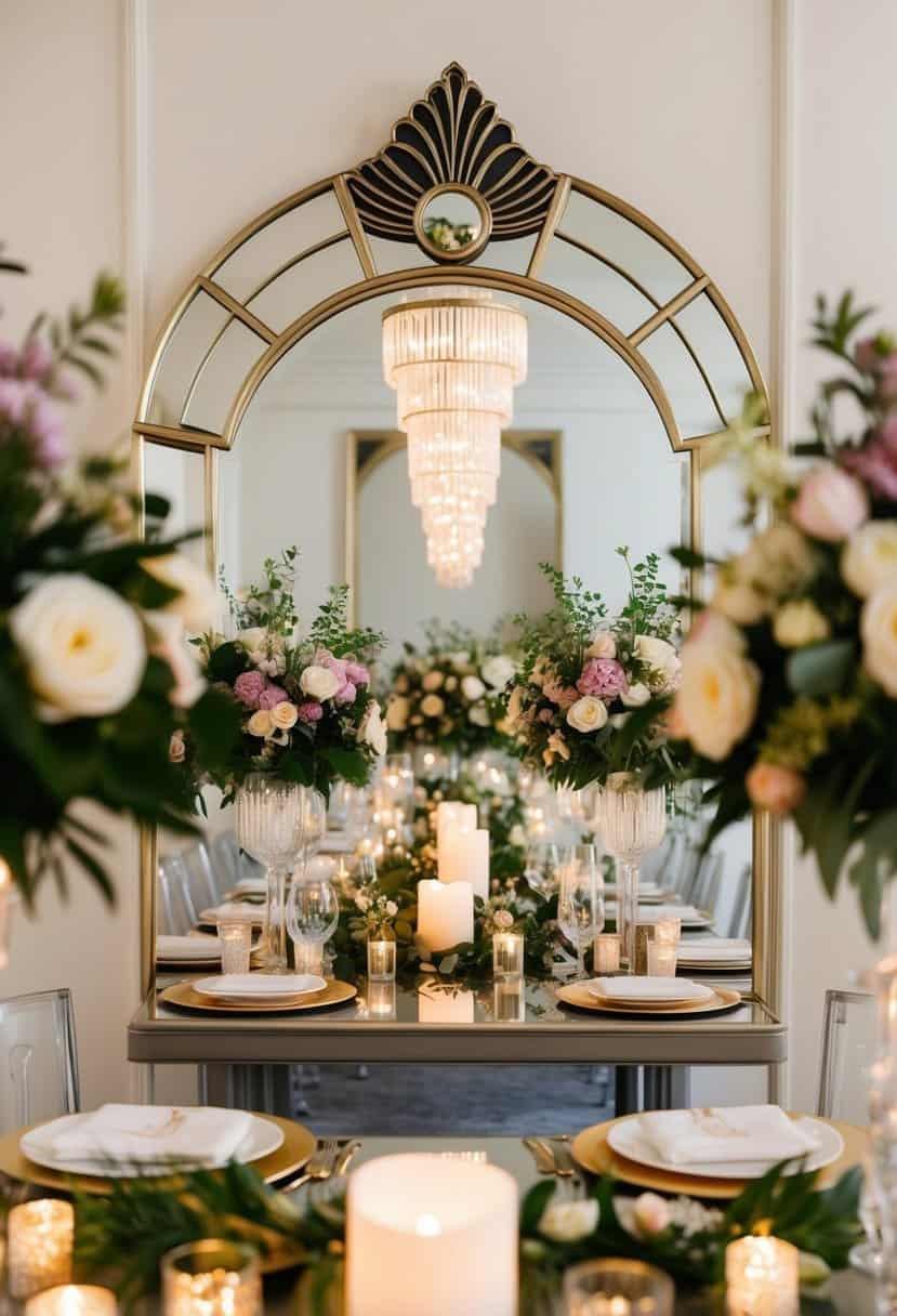An elegant Art Deco style mirror reflects a beautifully decorated wedding table with intricate floral arrangements and sparkling candlelight