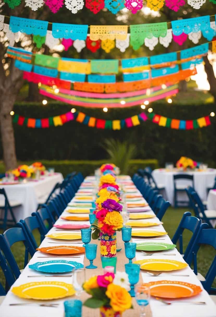 Colorful Papel Picado banners hang above a festive Mexican wedding table, adding vibrant decoration to the celebration