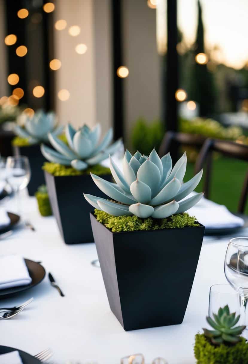 A table adorned with sleek succulent planters, creating a minimalist and elegant wedding decoration