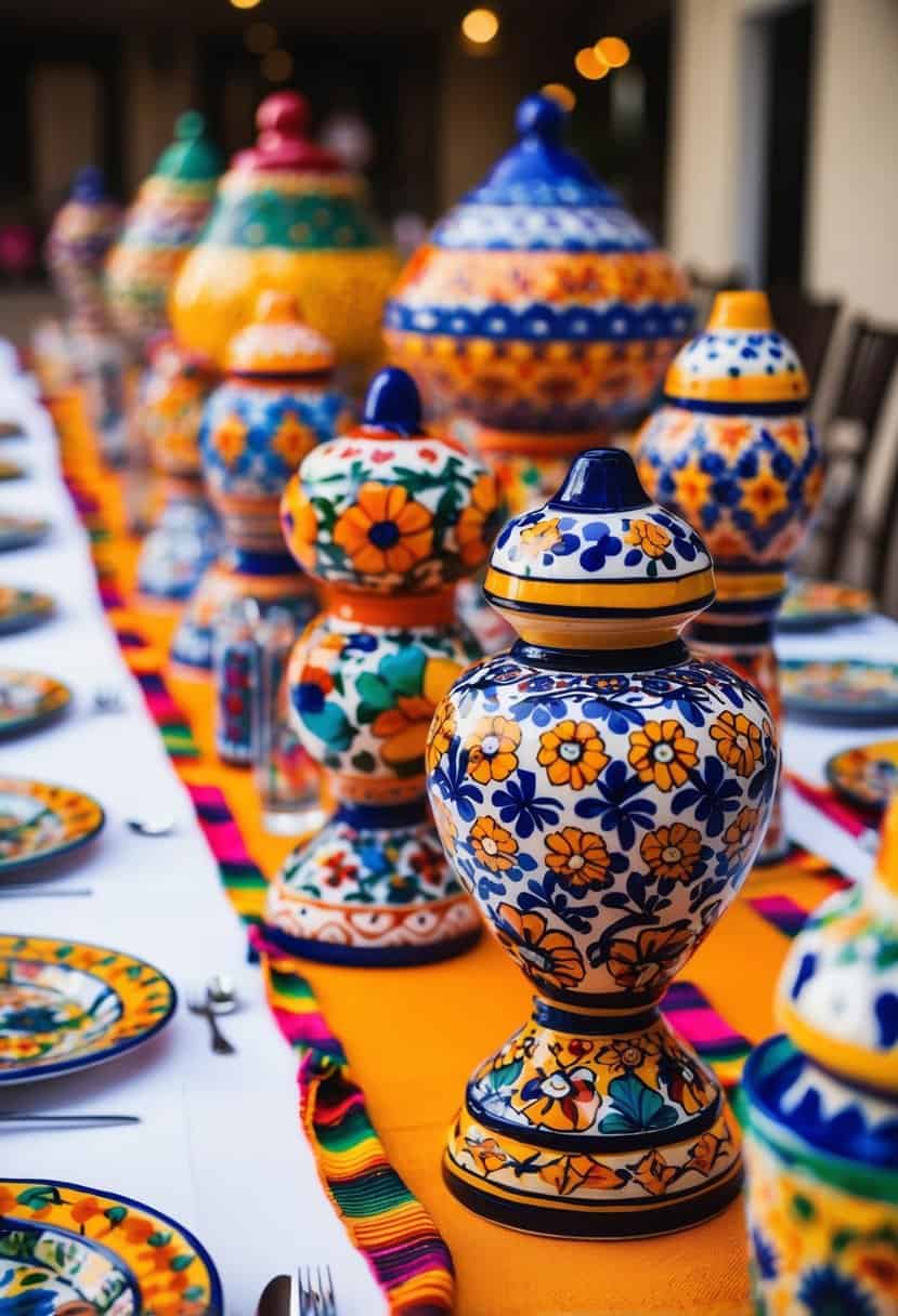 A colorful array of Talavera tile centerpieces adorns a festive Mexican wedding table, showcasing intricate patterns and vibrant designs