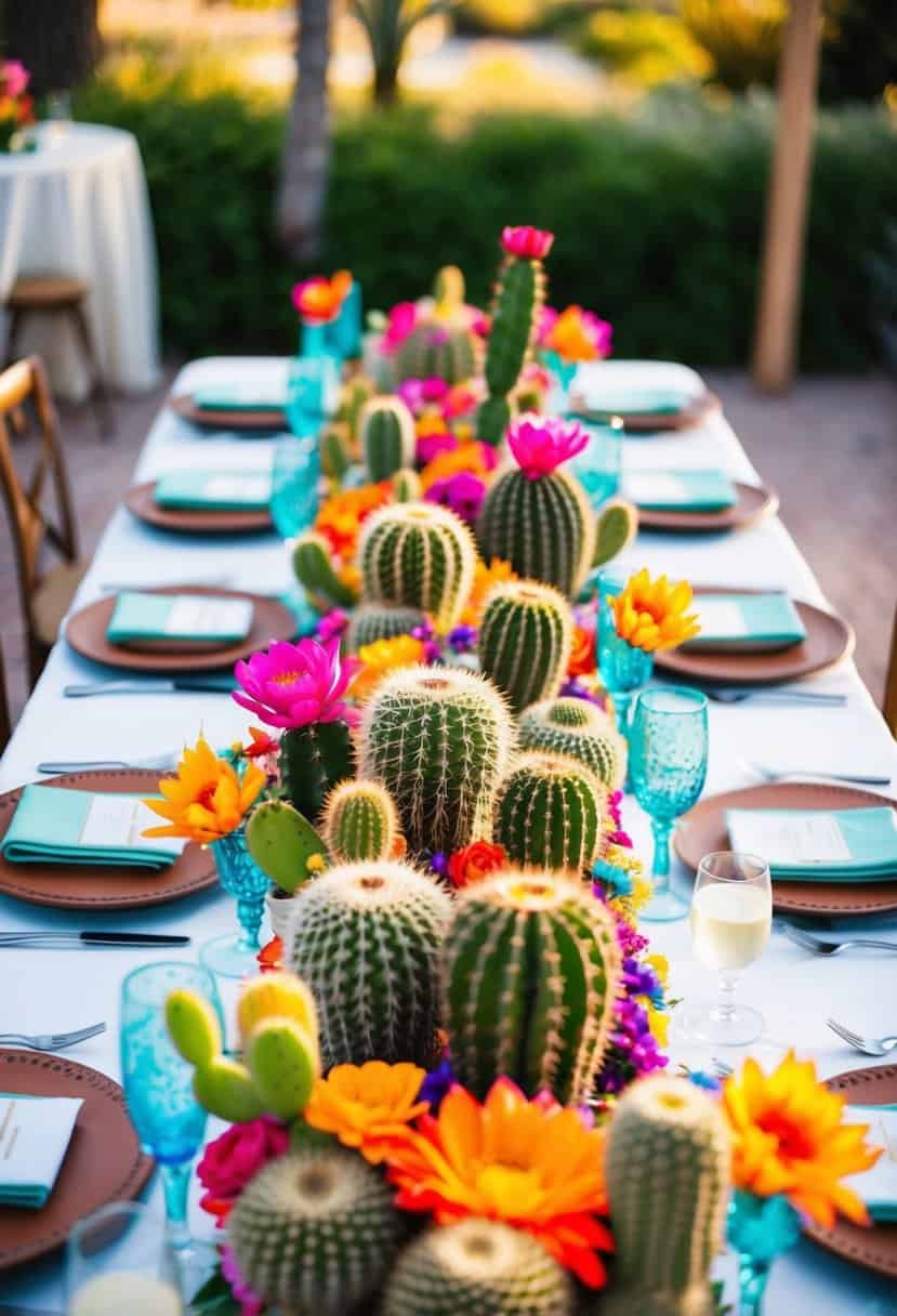 A table adorned with colorful cactus arrangements, succulents, and vibrant flowers for a Mexican wedding celebration