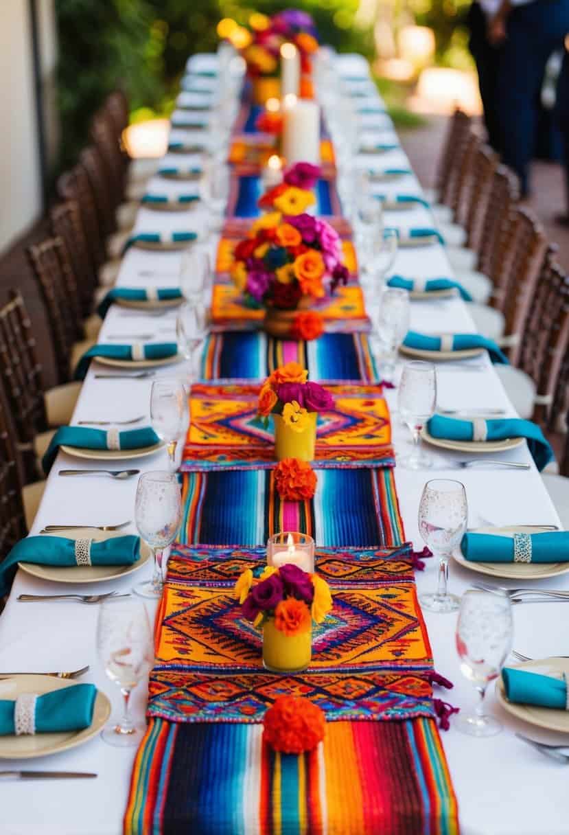 A colorful handwoven table runner with intricate patterns and vibrant colors, adorned with traditional Mexican wedding decorations