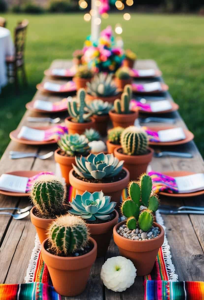 A rustic wooden table adorned with clay potted succulents, cacti, and colorful Mexican textiles, creating a vibrant and festive wedding decoration