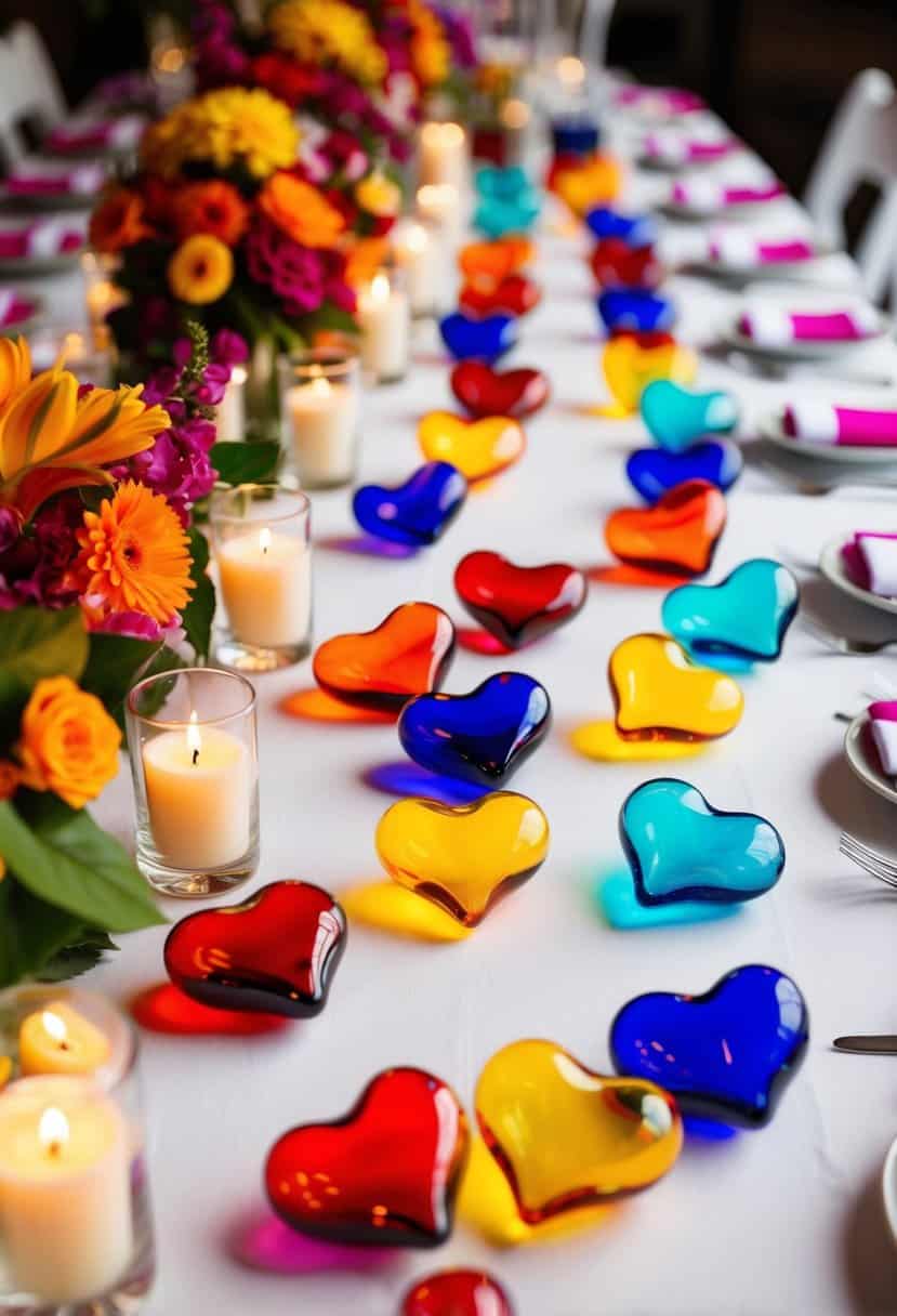 Colorful glass blown hearts scattered on a Mexican wedding table, surrounded by vibrant flowers and candles