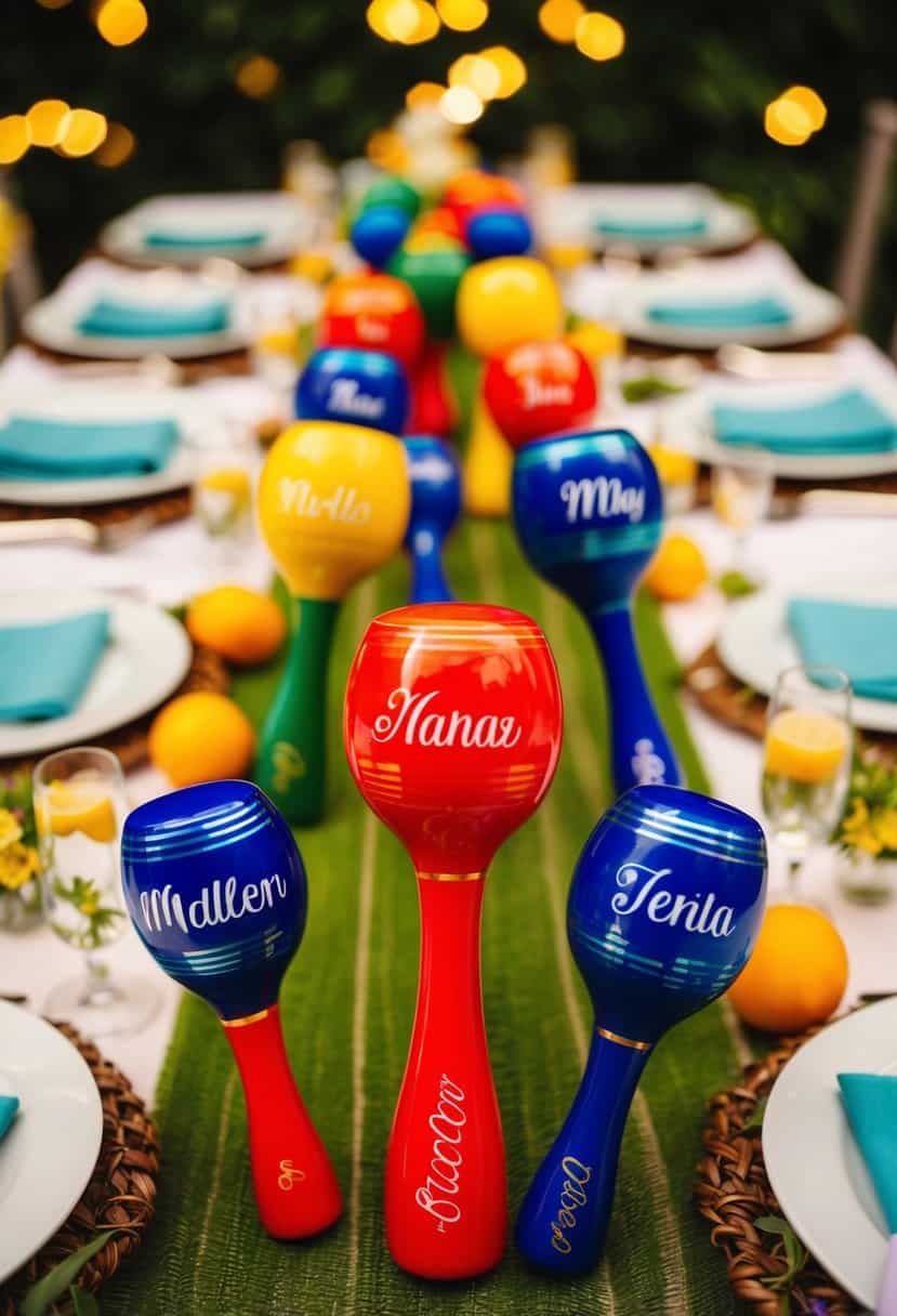 A festive table adorned with colorful maracas, each personalized with the names of wedding guests