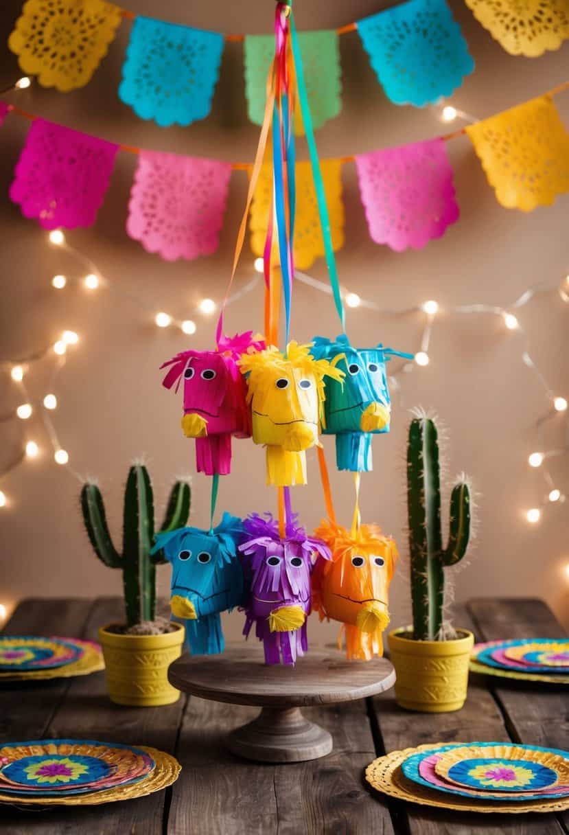 Colorful mini piñatas hang from a rustic wooden table, surrounded by vibrant papel picado banners and cacti centerpieces