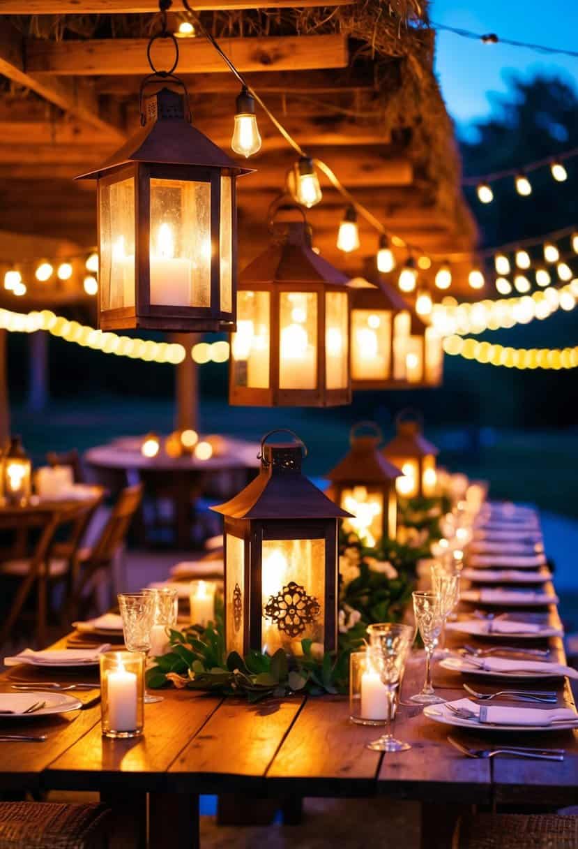 Rustic lanterns illuminate a festive Mexican wedding table, casting warm light on the wooden and metal decorations