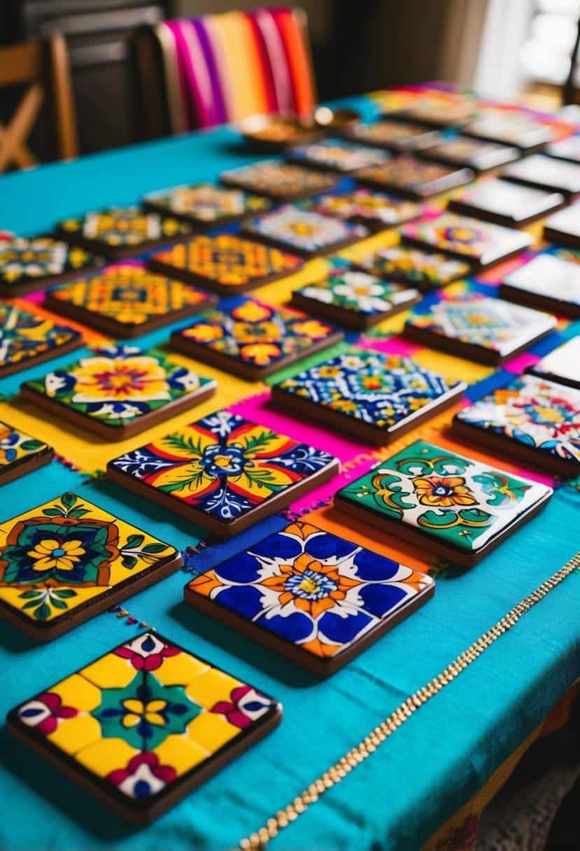 Vibrant tile coasters arranged on a festive table, each personalized with unique Mexican patterns and colors