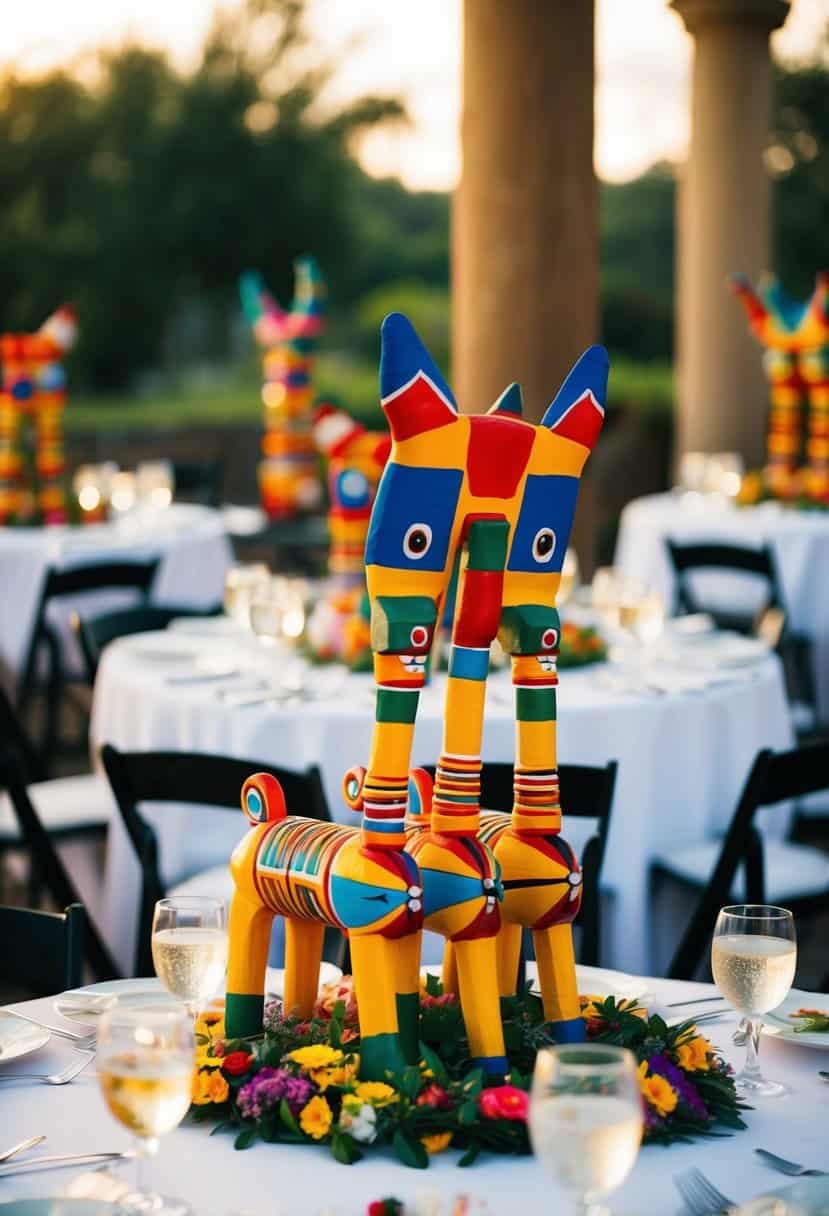 Vibrant Oaxacan alebrijes adorn a wedding table, adding a touch of Mexican artistry to the celebration