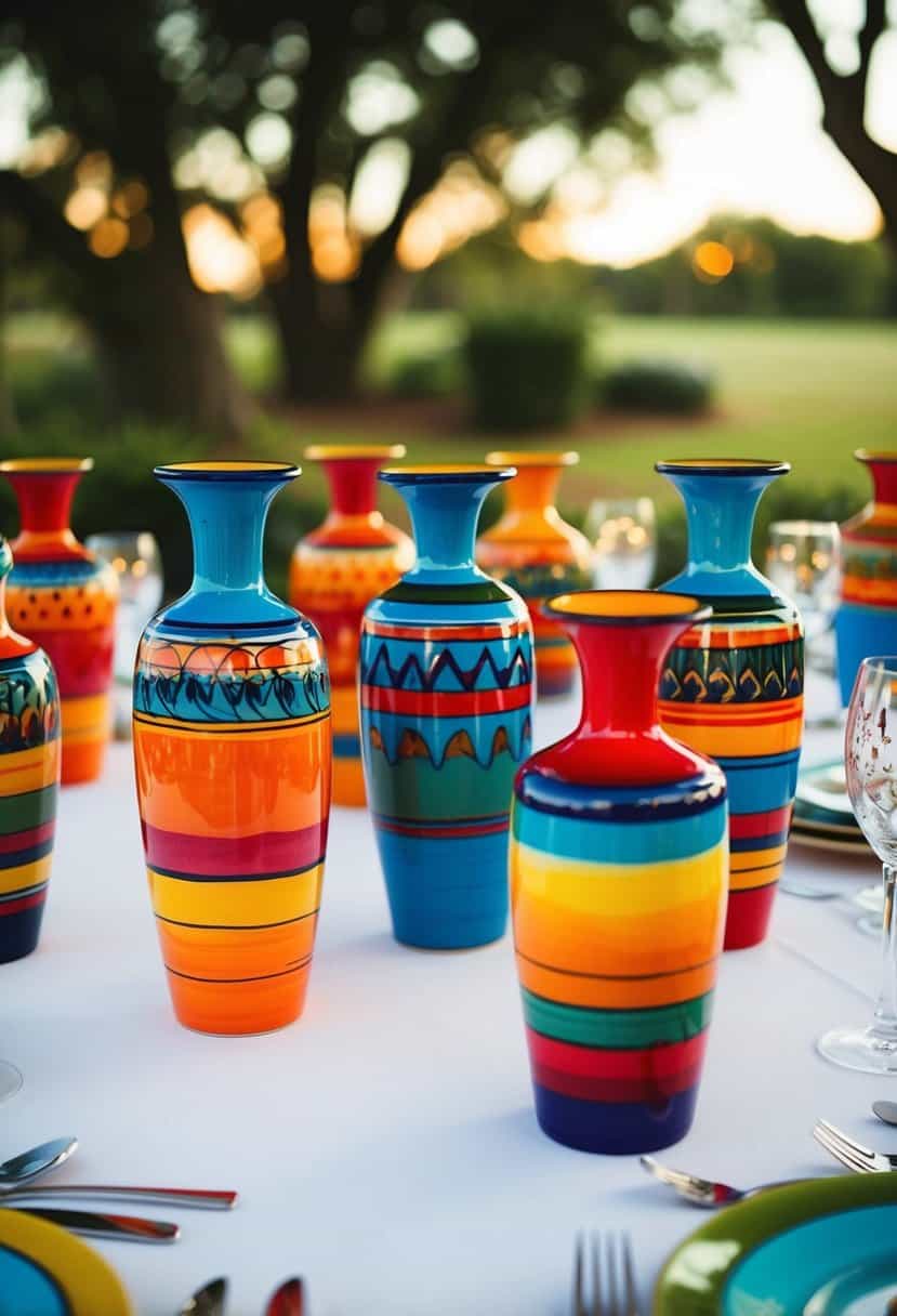 Colorful Mexican ceramic vases arranged as wedding table decorations