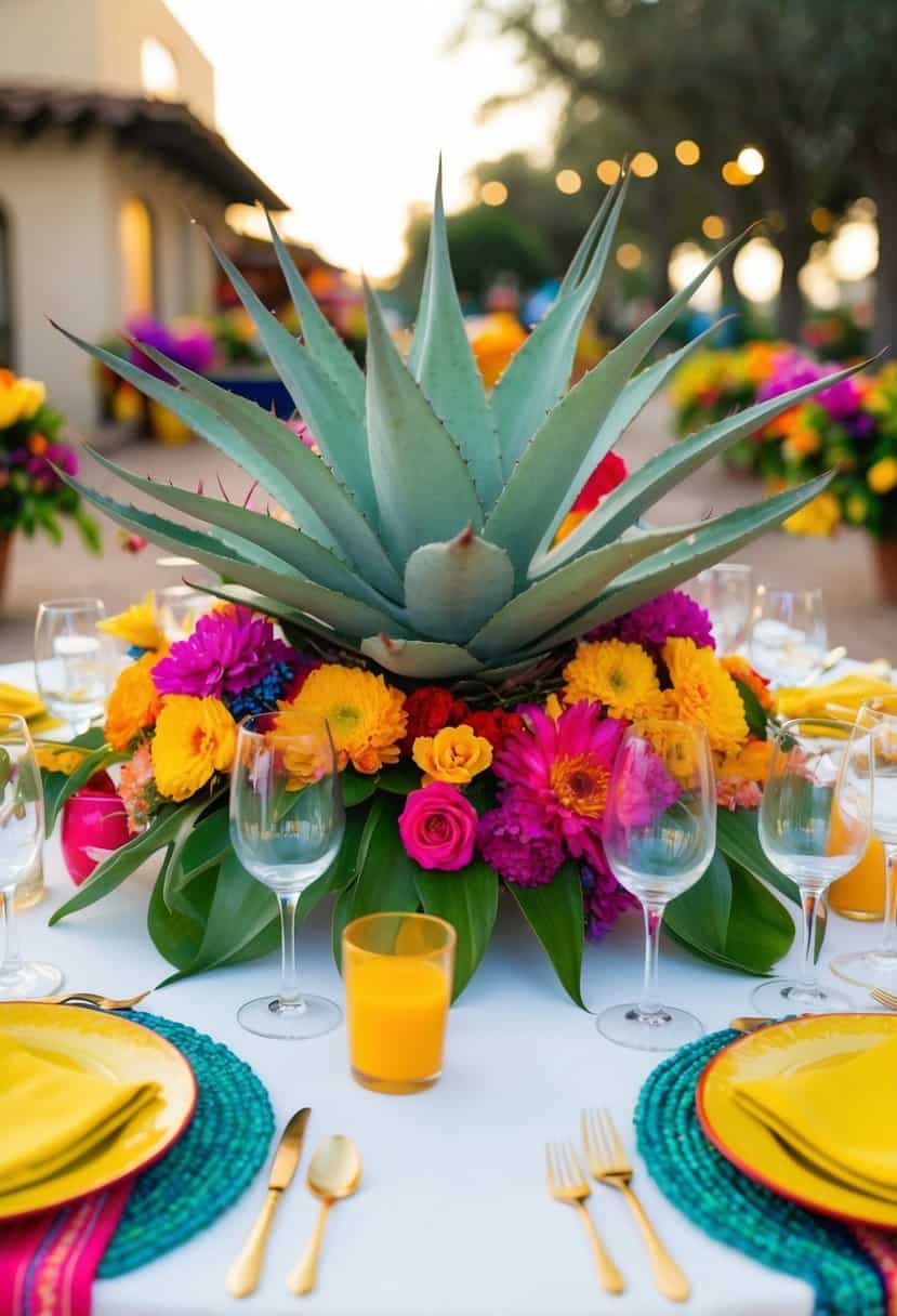 An agave plant centerpiece sits atop a Mexican wedding table, surrounded by vibrant flowers and colorful textiles