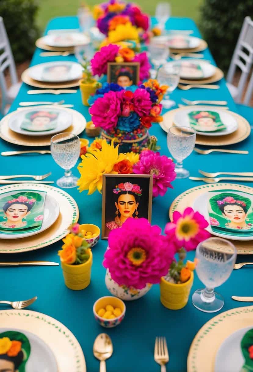 Vibrant Mexican wedding table adorned with Frida Kahlo-inspired portraits and colorful decorations