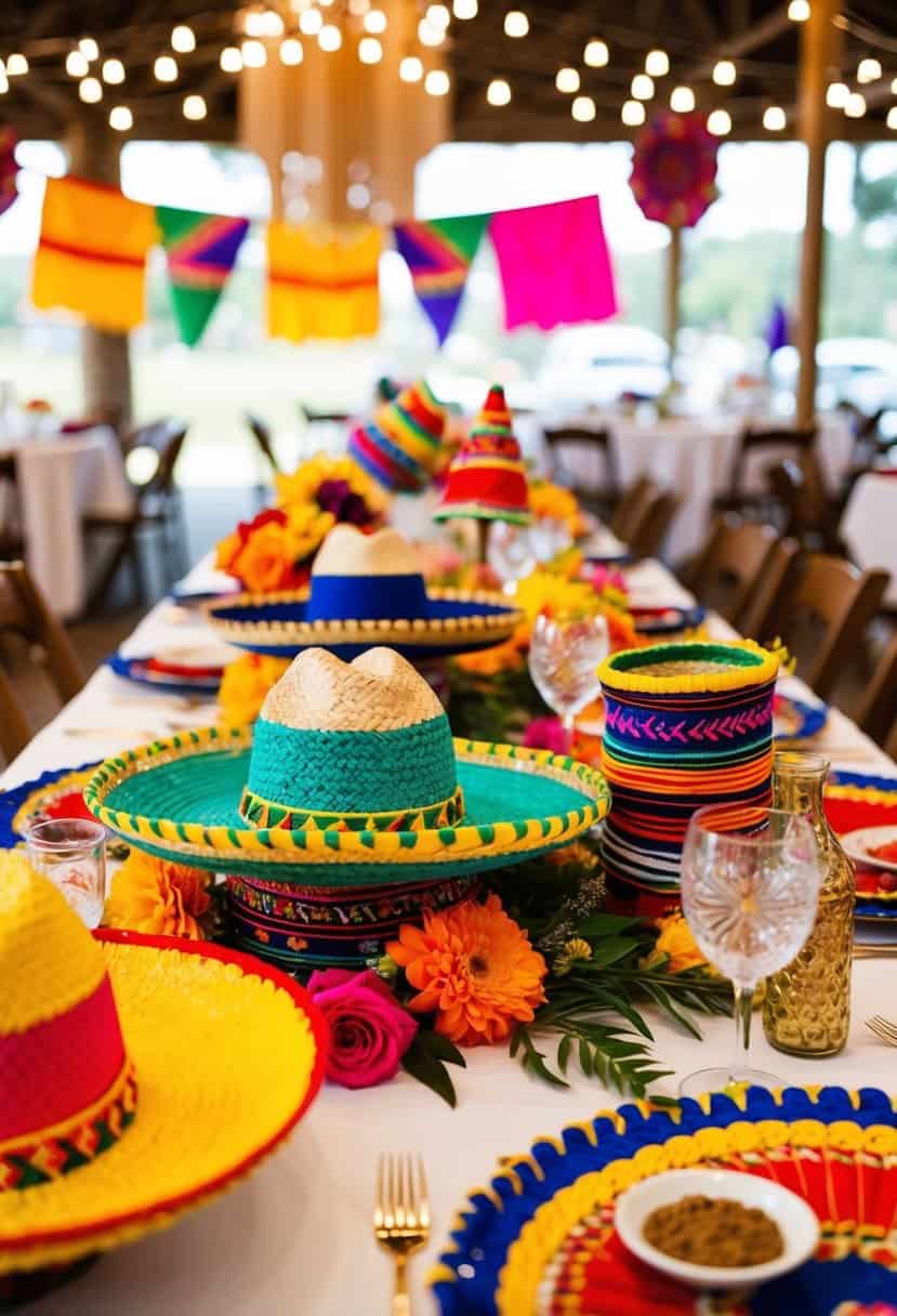 A festive table adorned with colorful charro hats and traditional Mexican wedding decor