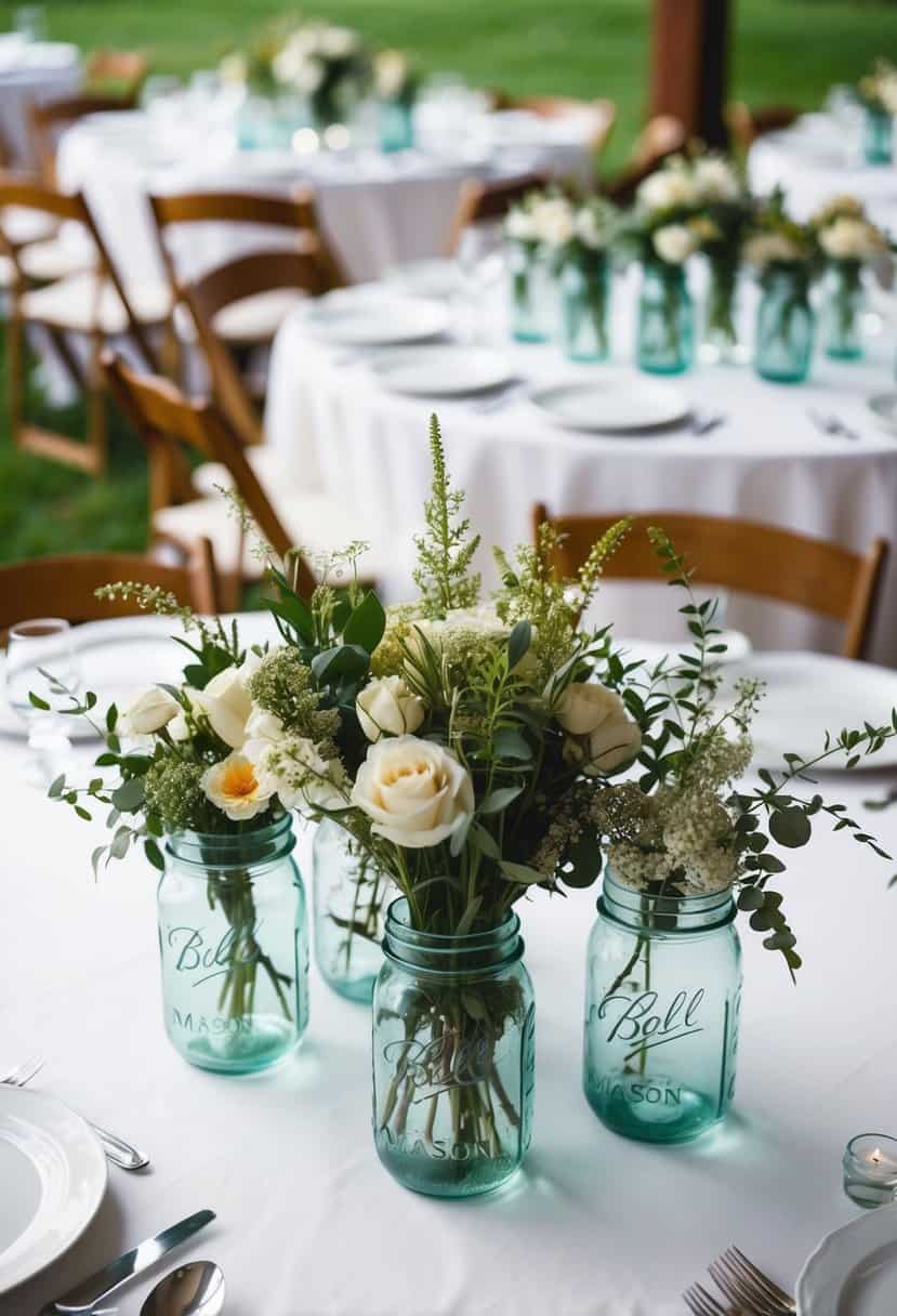 Mason jar centerpieces arranged on wedding tables with no plates, filled with flowers and greenery, creating a rustic and elegant atmosphere