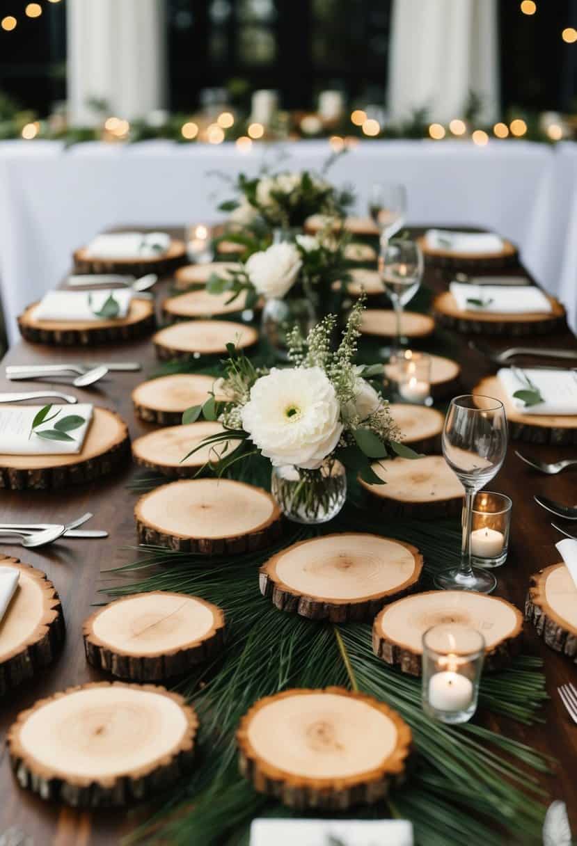 Rustic wood slices arranged on a wedding table, adorned with natural elements and delicate details