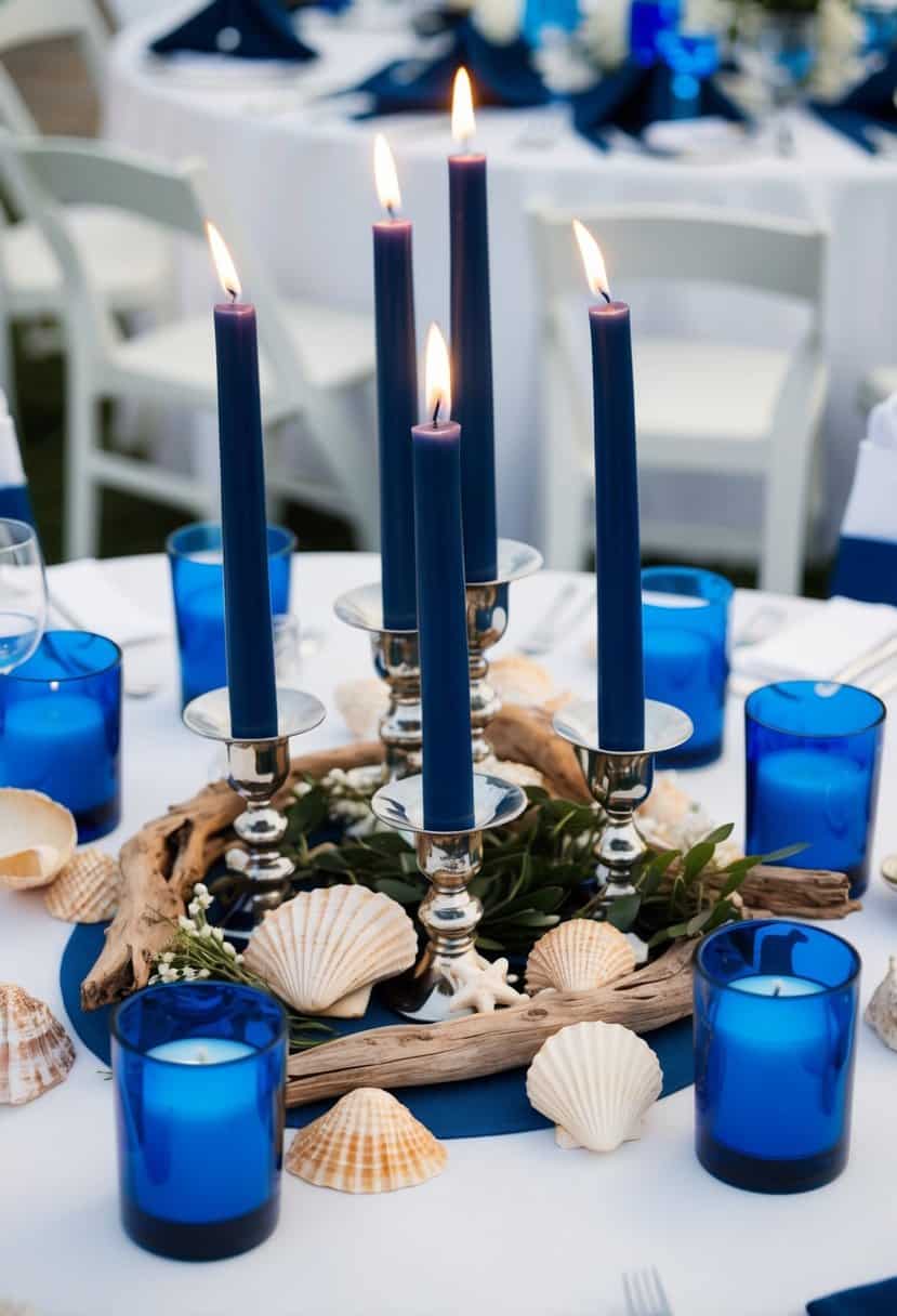 A sea-inspired centerpiece with navy candles sits on a wedding table, surrounded by shells, driftwood, and blue accents