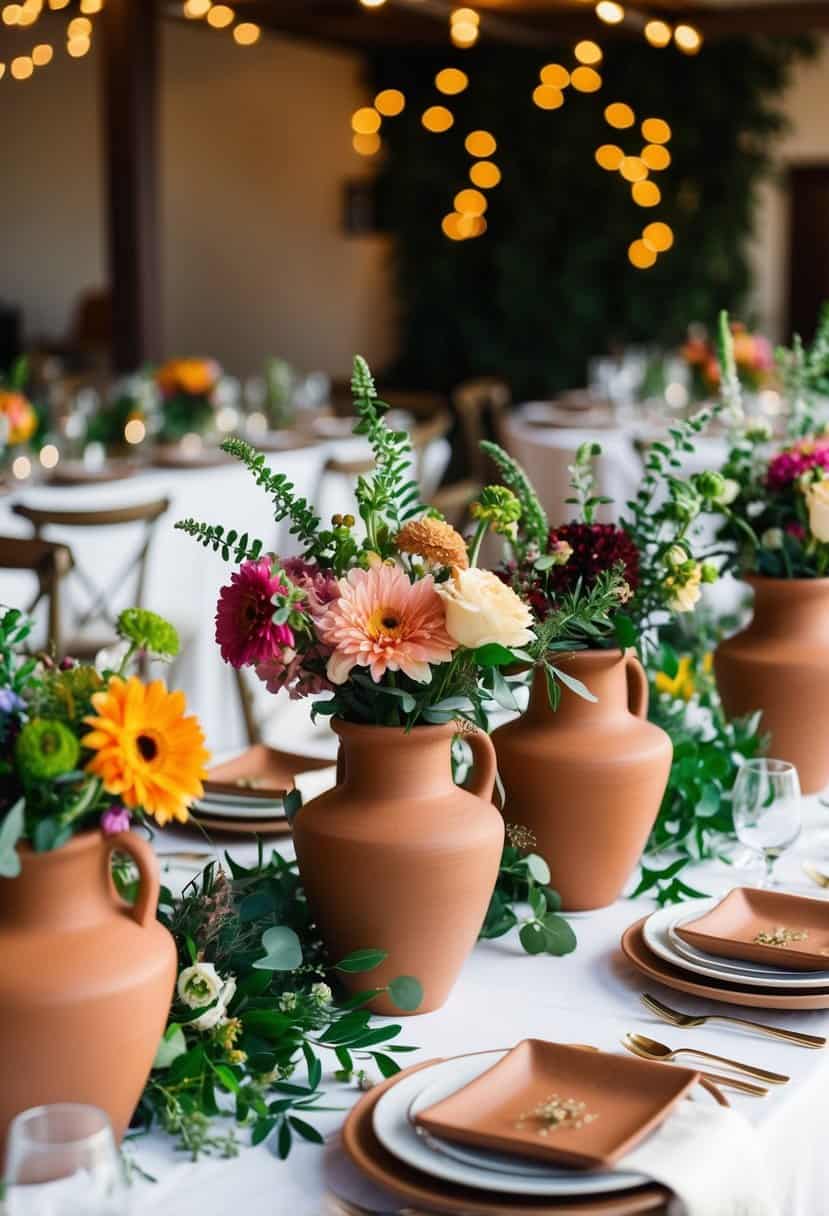 A table adorned with terracotta vases, filled with vibrant flowers and greenery, creating a Mediterranean wedding ambiance