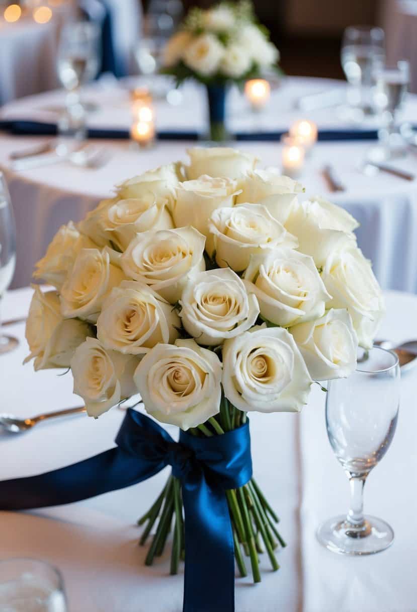 A bouquet of white roses tied with a navy blue ribbon on a wedding reception table
