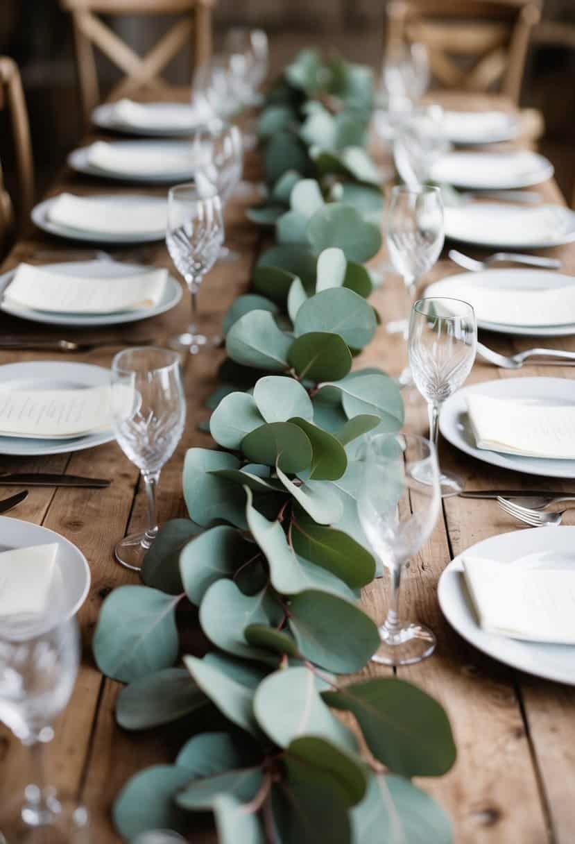Eucalyptus garland runners adorn a rustic wedding table, adding natural charm and elegance to the decor