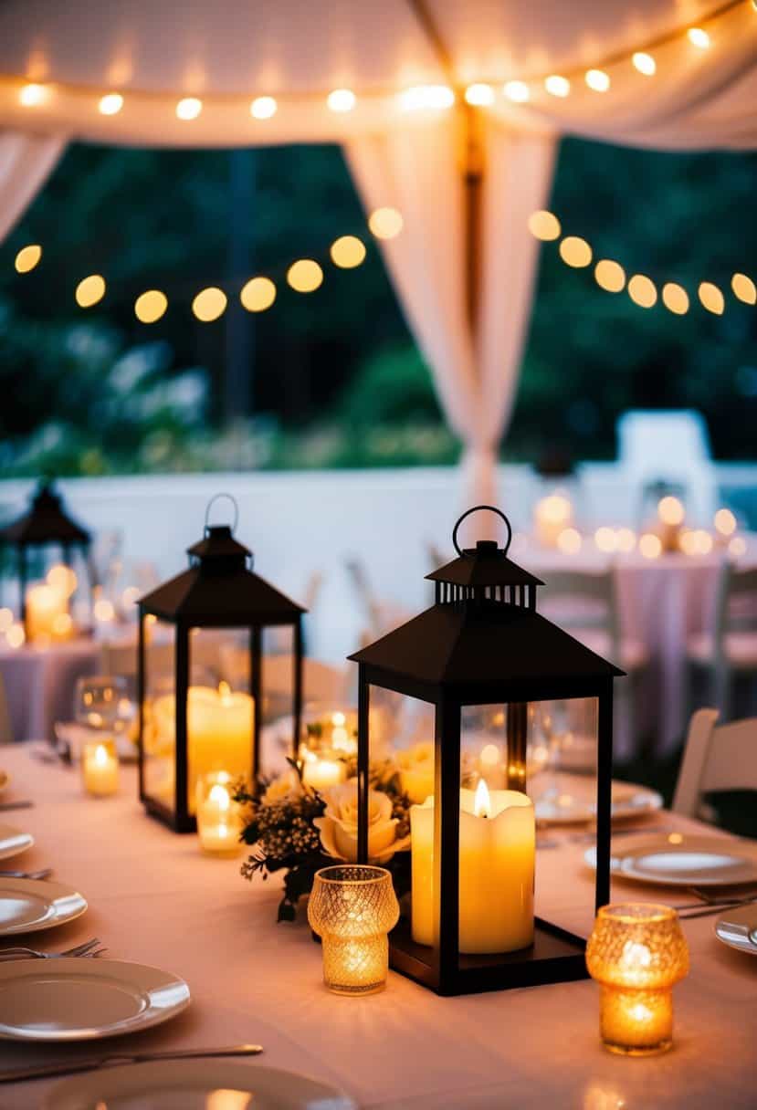 Candle-lit lanterns adorn the wedding table, casting a warm glow without the need for traditional plates