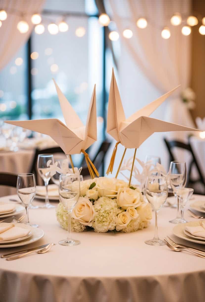 A table adorned with delicate origami crane decorations for a wedding celebration
