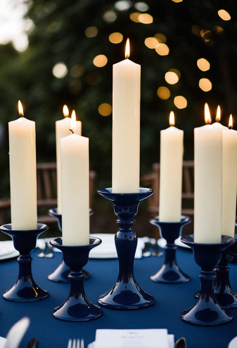 Ivory candles in navy holders arranged on a navy blue wedding table