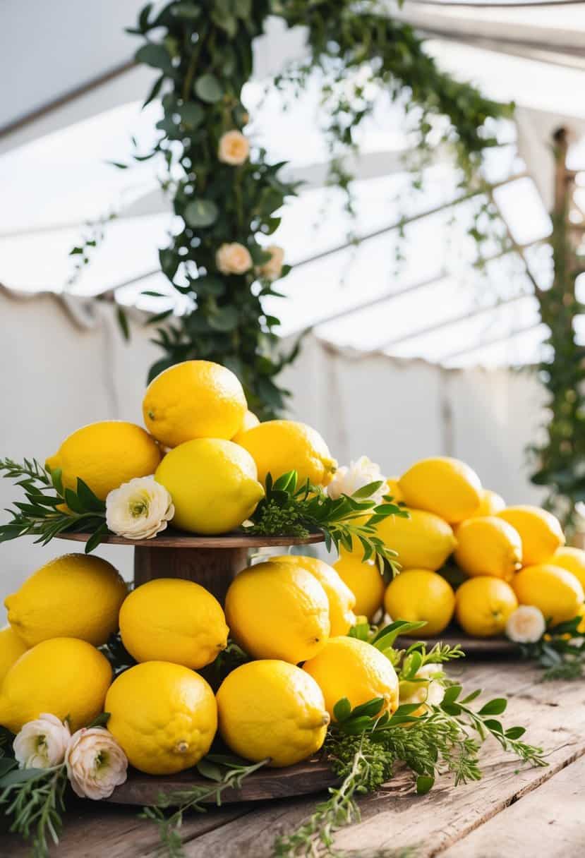 Bright yellow lemons arranged with greenery and flowers on a rustic wooden table. Sunlight filters through a white canopy overhead