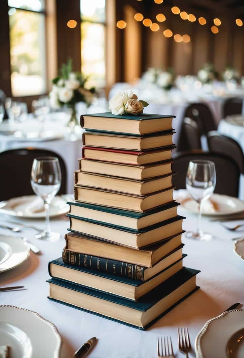 A stack of vintage books serves as a centerpiece on a wedding table, with no plates, providing a unique and elegant decoration idea