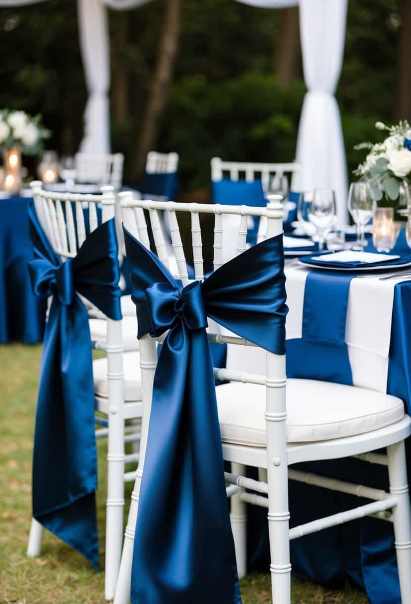 Navy blue satin chair sashes elegantly draped over white wedding chairs, complementing the navy blue table decorations