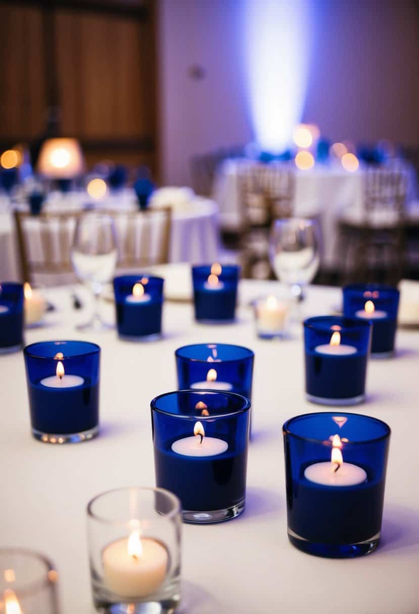 A table set with navy blue votive candle holders, casting a warm glow in a wedding reception