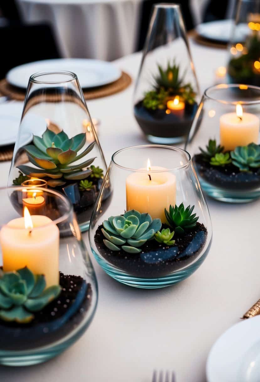 Several glass terrariums filled with succulents and candles, arranged on a wedding reception table without plates